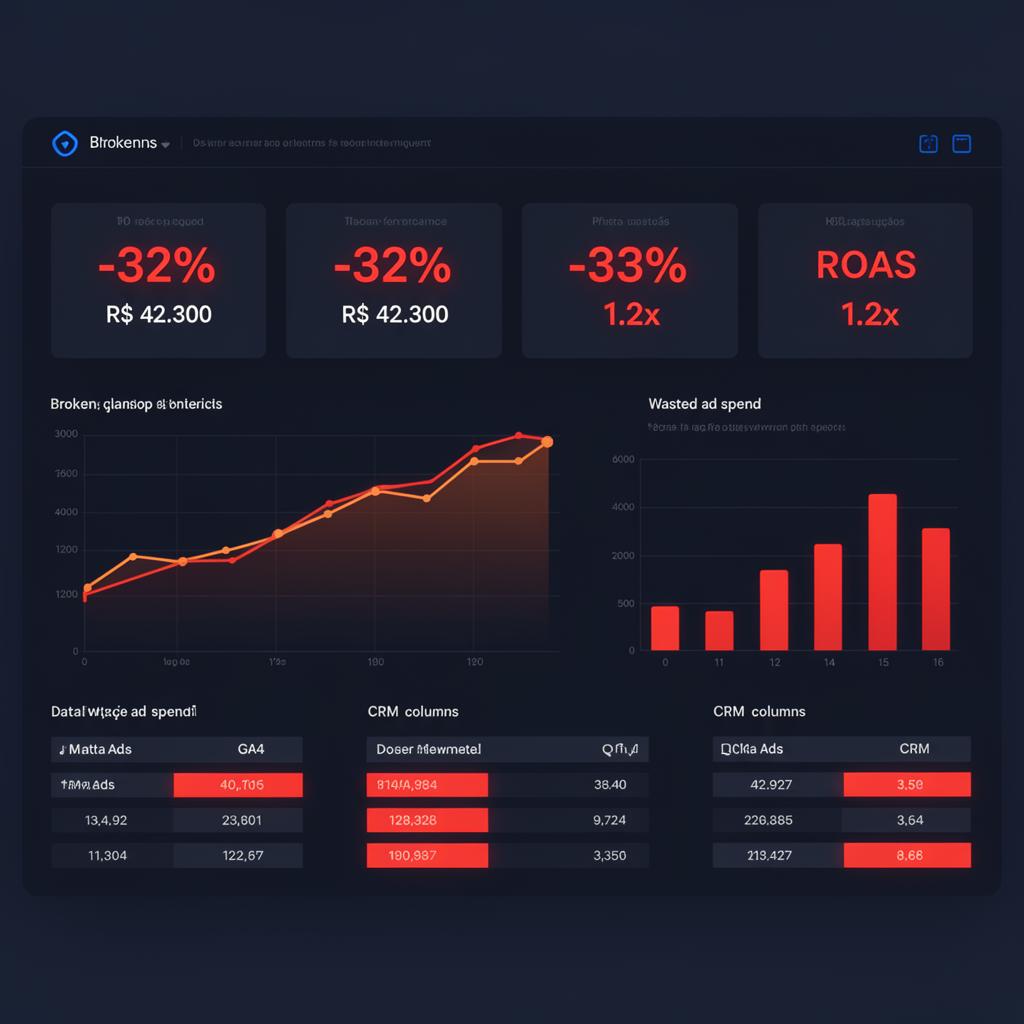 Dashboard mostrando KPIs negativos e mídia mal alocada